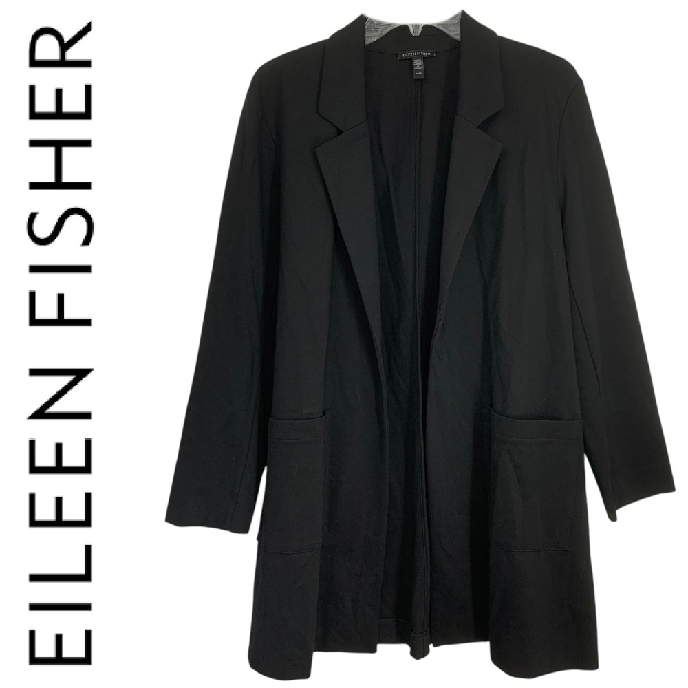 Eileen Fisher Sz PL Black Tencel Knit Open Front Longline Blazer Minimalist